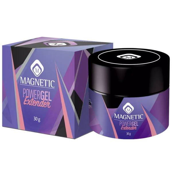 Confezione e barattolo Powergel Extender 30gr Magnetic Nail Design con design viola e nero