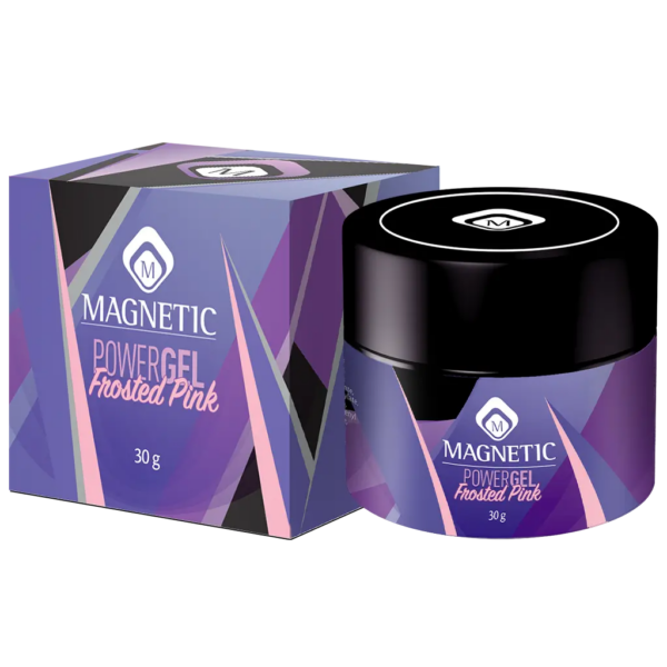Powergel Frosted Pink 30gr di Magnetic Nail Design in confezione elegante con dettagli viola.