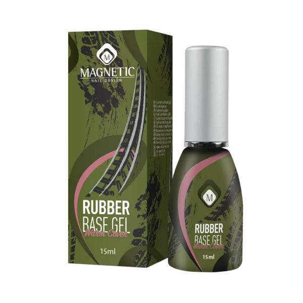 Boccetta di Rubber Base Warm Cover 15ml di Magnetic Nail Design con confezione verde e dettagli rosa.